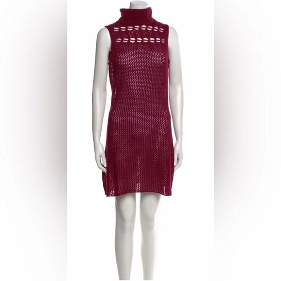 The Elder Statesman Open Knit Sheer Cashmere Turtleneck Mini Dress Burgundy NWT